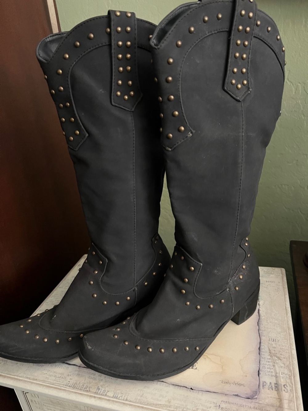 Source Unknown Black Over-the-Knee Studded Western Boots